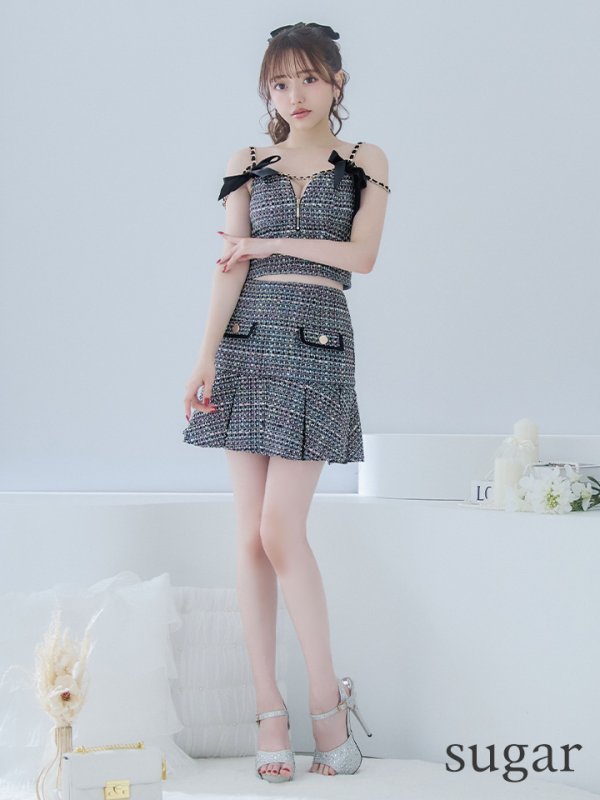 画像7: XSサイズあり【an /アン】リボン付き/ チェーンショルダー/ フロントジップ/ プリーツ/ Aライン/ セットアップ/ ミニドレス/ キャバドレス[OF05]