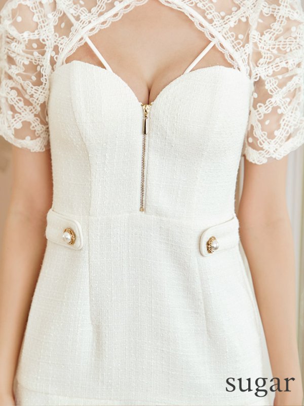 画像10: XSサイズあり【an /アン】ドットレース/ 半袖/ 袖あり/ ラメツイード/ フロントジップ/ ボックスプリーツ/ フレア/ ミニドレス/ キャバドレス[OF05]