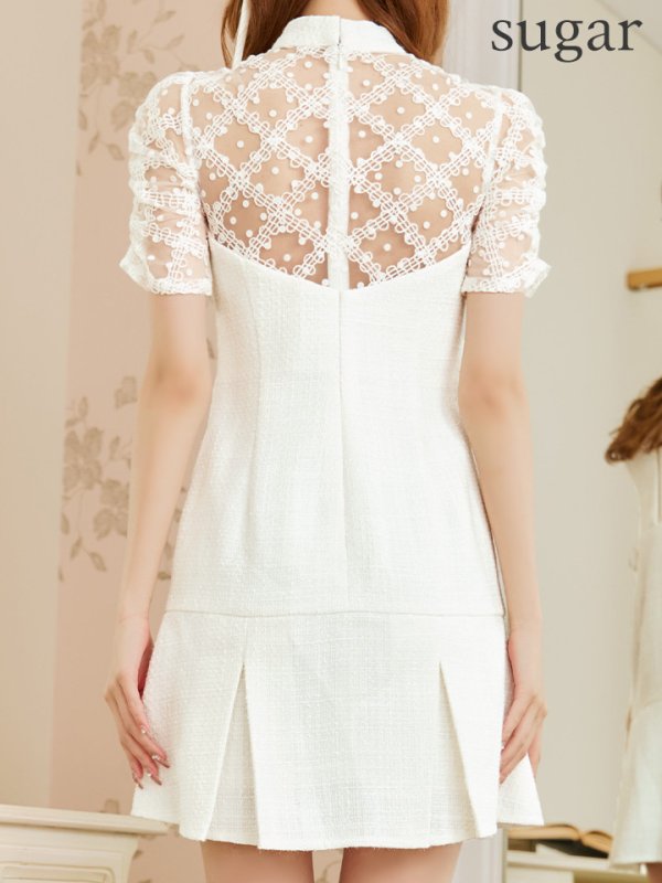 画像9: XSサイズあり【an /アン】ドットレース/ 半袖/ 袖あり/ ラメツイード/ フロントジップ/ ボックスプリーツ/ フレア/ ミニドレス/ キャバドレス[OF05]