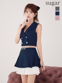 XSサイズあり【an /アン】ダブルボタン/ ラメ/ 襟付き/ ノースリーブ/ ボックスプリーツ/ フリル/ フレア/ セットアップ/ ミニドレス/ キャバドレス[OF05]