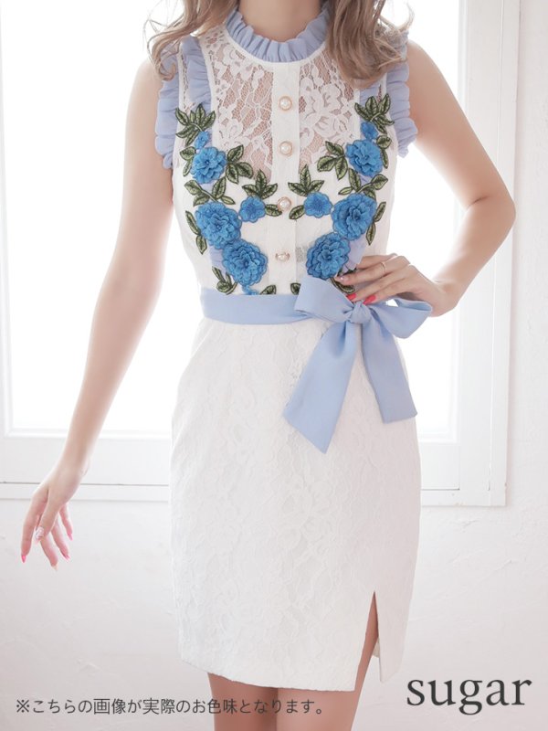 画像5: ☆人気の為再入荷☆【an_selection_Vol.18掲載商品】フラワー刺繍 /フリルライン /ウエストリボン /タイト /キャバドレス[OF05]