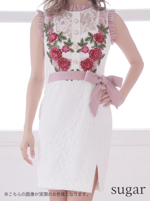 画像6: ☆人気の為再入荷☆【an_selection_Vol.18掲載商品】フラワー刺繍 /フリルライン /ウエストリボン /タイト /キャバドレス[OF05]