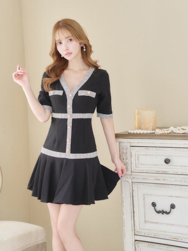 画像13: 【an/アン】ツイードライン/ Aライン/ フレア/ ボタンデザイン/半袖/ 袖あり/ ミニドレス/ キャバドレス[OF05]