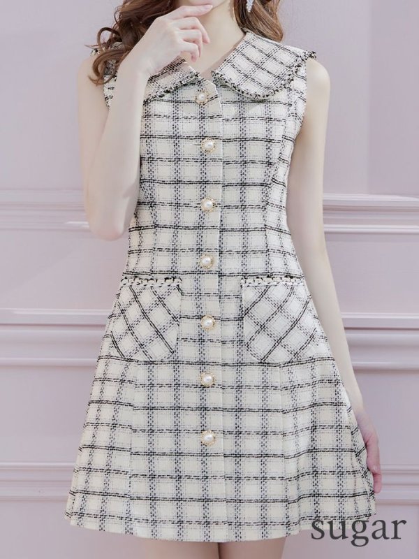 画像7: 【an/アン】 ツイード / ノースリーブ/ 襟付き/ Aライン/ 台形スカート/ ミニドレス/ キャバドレス[OF05]