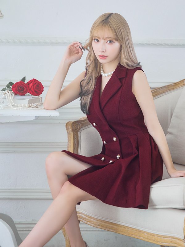 画像12: 【an/アン】襟付き/ ストレッチ/ パールボタン/ ジャケット風/ ノースリーブ/ プリーツ/ フレア/ ワンピース/ ミニドレス/ キャバドレス[OF05]