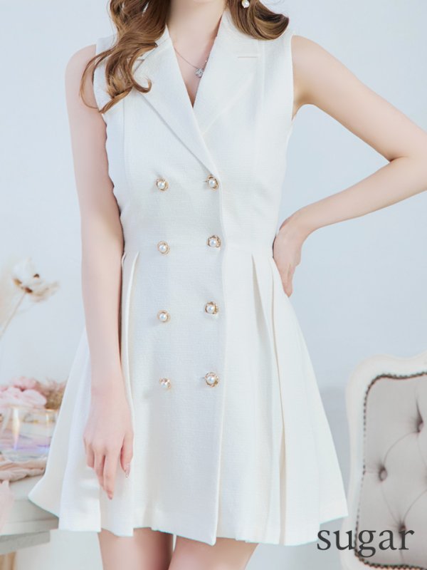 画像15: 【an/アン】襟付き/ ストレッチ/ パールボタン/ ジャケット風/ ノースリーブ/ プリーツ/ フレア/ ワンピース/ ミニドレス/ キャバドレス[OF05]