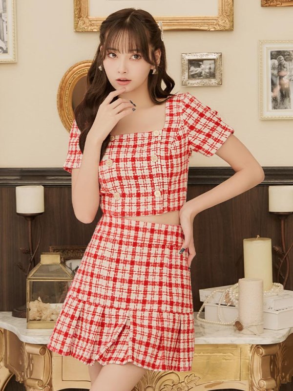 画像26: sugarオリジナルカラー☆XSサイズあり【an/アン】ミックスツイード/ ボタンデザイン/ 半袖/ 袖あり/ セットアップ/ プリーツ/ ミニドレス/ キャバドレス[OF05]