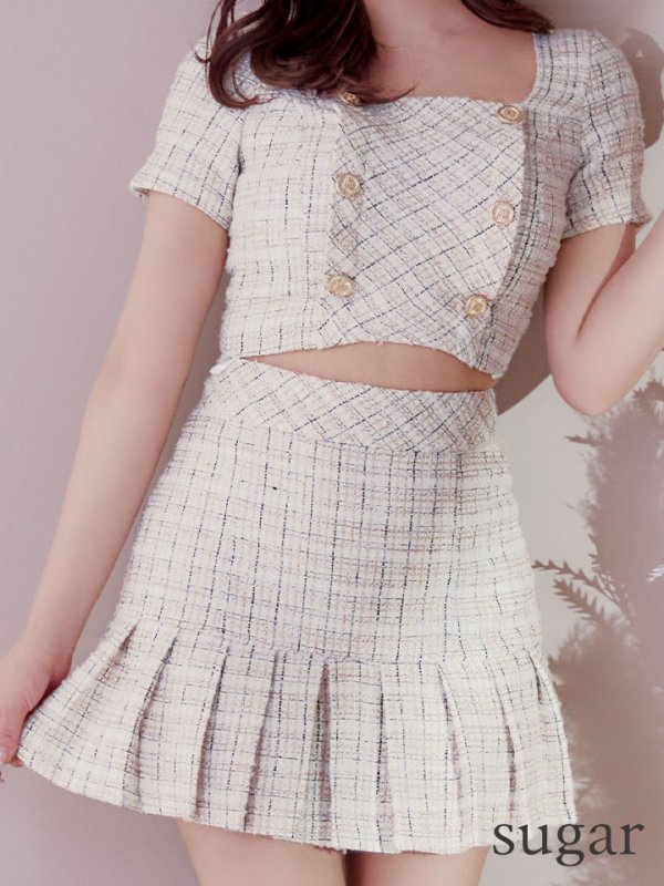 画像28: sugarオリジナルカラー☆XSサイズあり【an/アン】ミックスツイード/ ボタンデザイン/ 半袖/ 袖あり/ セットアップ/ プリーツ/ ミニドレス/ キャバドレス[OF05]