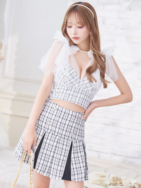 画像5: 【an /アン】チェック柄/ ショルダーリボン/ チュール/ Aライン/ セットアップ/ ミニドレス/ キャバドレス[OF05]