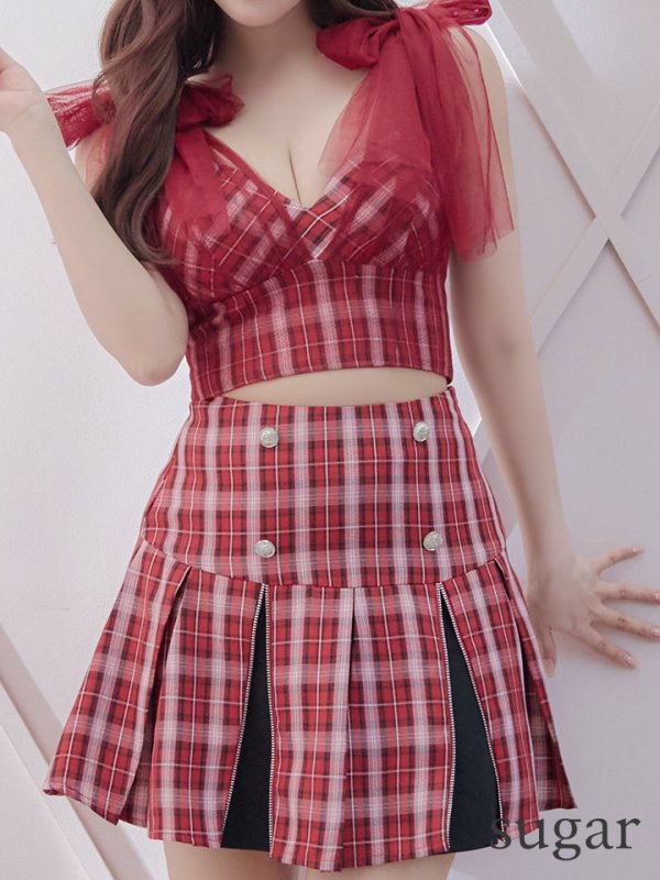 画像27: 【an /アン】チェック柄/ ショルダーリボン/ チュール/ Aライン/ セットアップ/ ミニドレス/ キャバドレス[OF05]