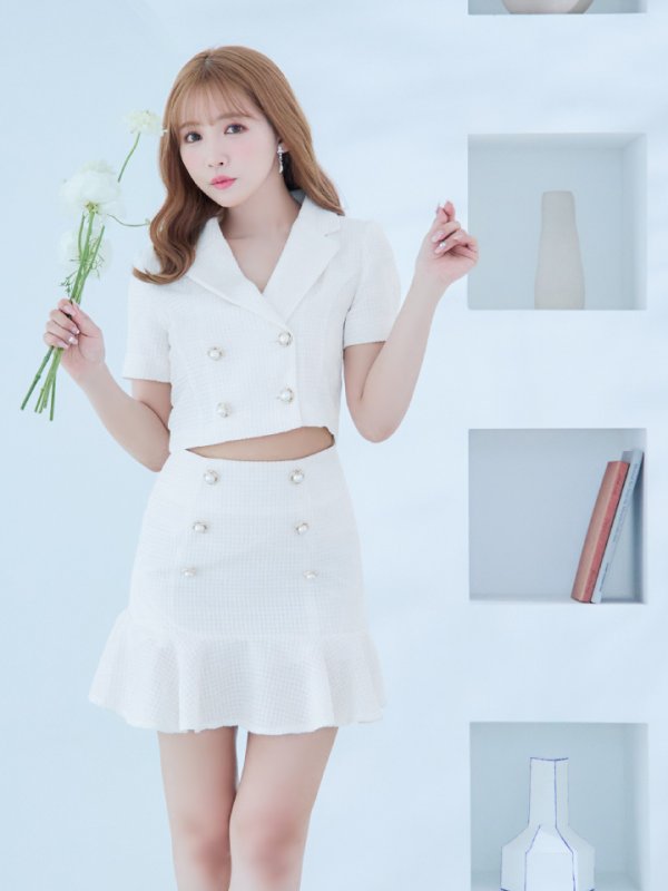 画像5: お得！【an /アン】マーメイド/ パールボタン/ ショートスリーブ/ セットアップ/ Aライン/ 裾フリル/ ミニドレス/ キャバドレス[OF05]