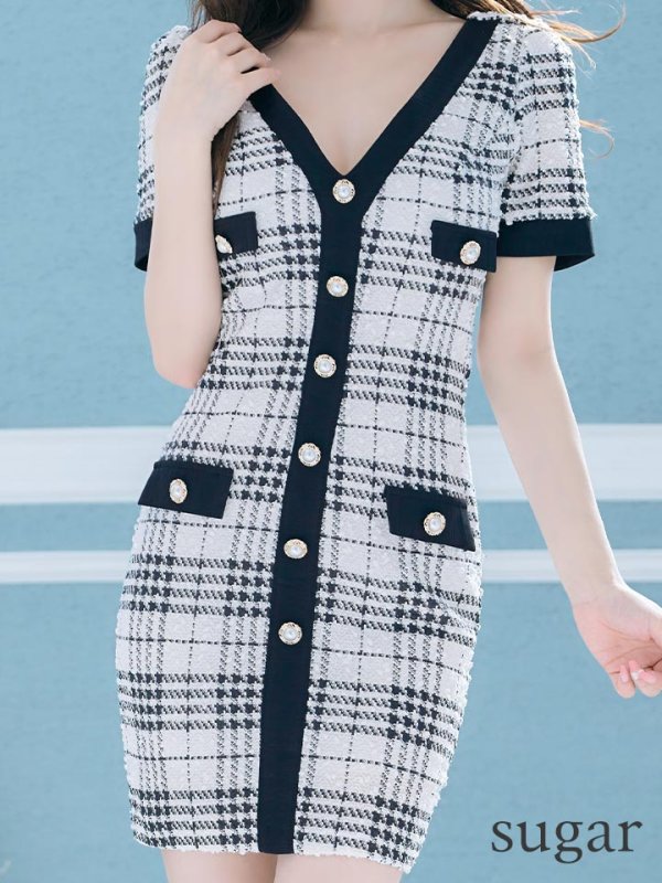 画像8: 【an /アン】チェック柄/ ストレッチ/ モールツイード/ 半袖/ 袖あり/ ボタン/ タイト/ ミニドレス/ キャバドレス[OF05]