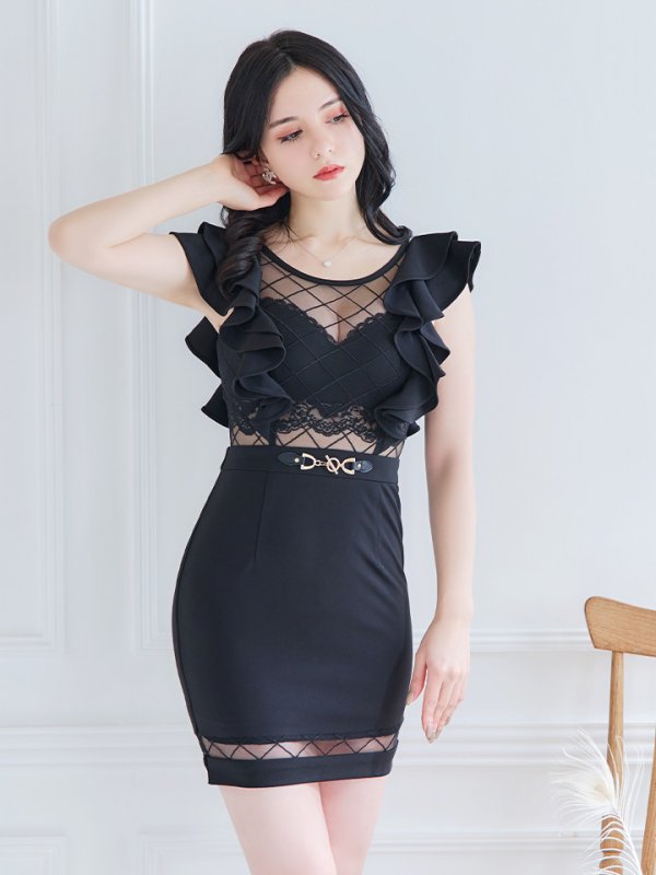 画像4: 【an /アン】フリルショルダー/ ワンカラー/ レース/ ブロックチュール/ チェーン/ タイト/ ミニドレス/ キャバドレス[OF05]