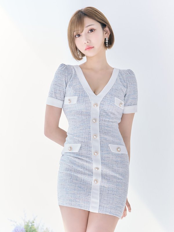 画像14: 【an/アン】ストレッチ/ ミックスツイード/ フロントボタン/ Vネック/ 半袖/ 袖あり/ タイト/ ミニドレス/ キャバドレス[OF05]