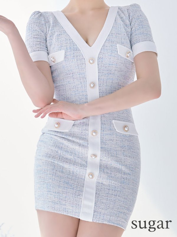 画像16: 【an/アン】ストレッチ/ ミックスツイード/ フロントボタン/ Vネック/ 半袖/ 袖あり/ タイト/ ミニドレス/ キャバドレス[OF05]