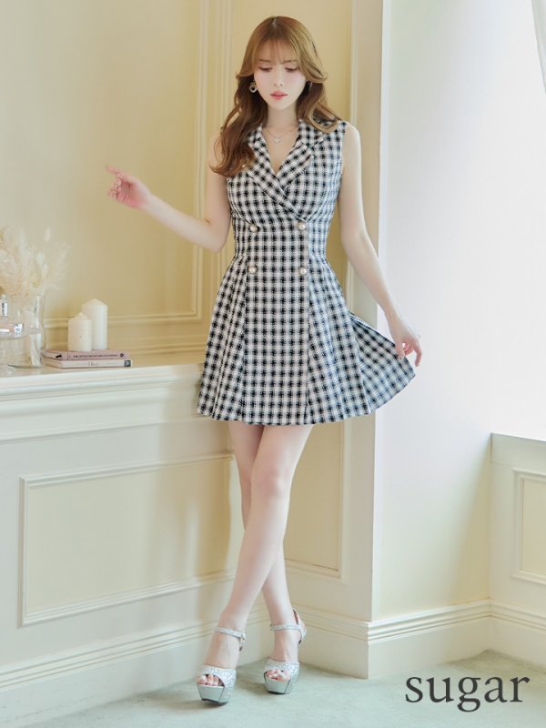 画像7: 【an/アン】襟付き/ チェック/ ジャケット風/ ノースリーブ/ パールボタン/ プリーツ/ フレア/ ワンピース/ ミニドレス/ キャバドレス[OF05]