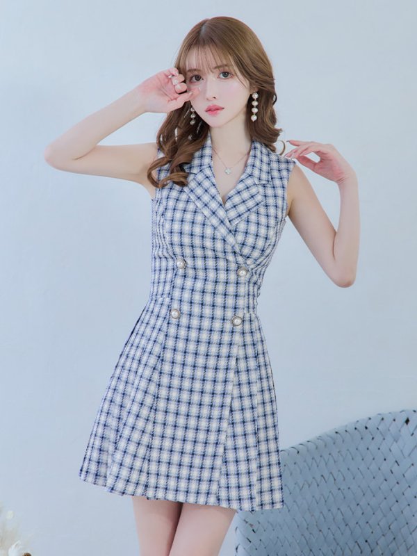 画像11: 【an/アン】襟付き/ チェック/ ジャケット風/ ノースリーブ/ パールボタン/ プリーツ/ フレア/ ワンピース/ ミニドレス/ キャバドレス[OF05]