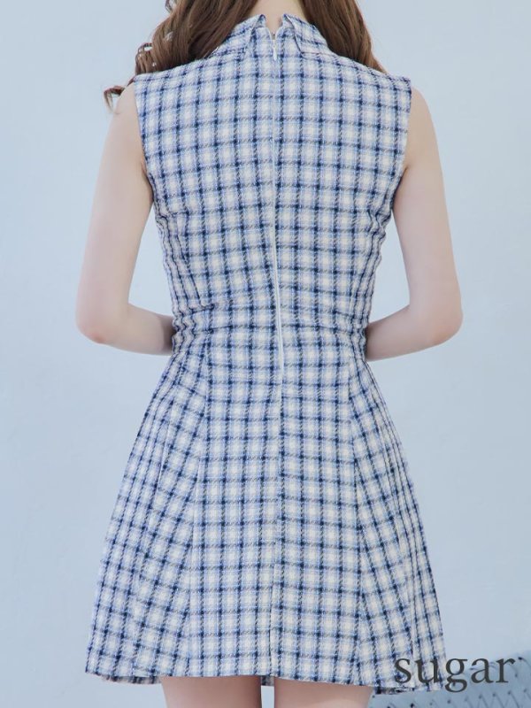 画像9: 【an/アン】襟付き/ チェック/ ジャケット風/ ノースリーブ/ パールボタン/ プリーツ/ フレア/ ワンピース/ ミニドレス/ キャバドレス[OF05]