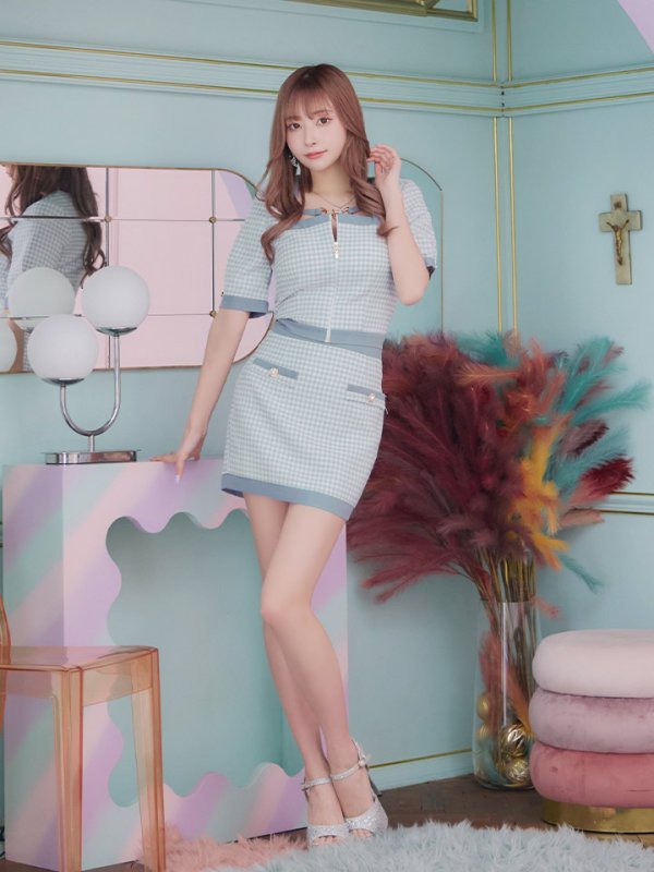 画像13: 【an /アン】ギンガムチェック/ フロントジップ/ スクエアネック/ 袖あり/ ショートスリーブ/ セットアップ/ タイト/ ミニドレス/ キャバドレス[OF05]