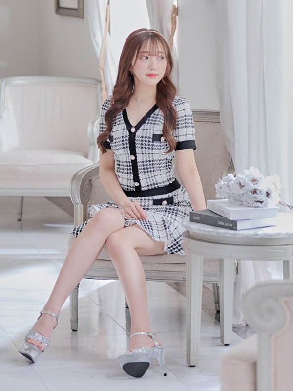 画像3: XSサイズあり【an/アン】ツイード/ チェック柄/ マーメイド/ ストレッチ/ 半袖/ 袖あり/ ボタン/ セットアップ/ ミニドレス/ キャバドレス[OF05]