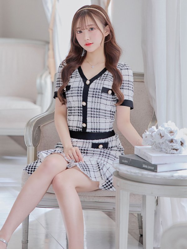 画像4: XSサイズあり【an/アン】ツイード/ チェック柄/ マーメイド/ ストレッチ/ 半袖/ 袖あり/ ボタン/ セットアップ/ ミニドレス/ キャバドレス[OF05]