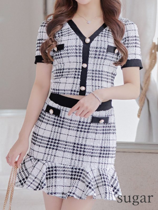 画像8: XSサイズあり【an/アン】ツイード/ チェック柄/ マーメイド/ ストレッチ/ 半袖/ 袖あり/ ボタン/ セットアップ/ ミニドレス/ キャバドレス[OF05]