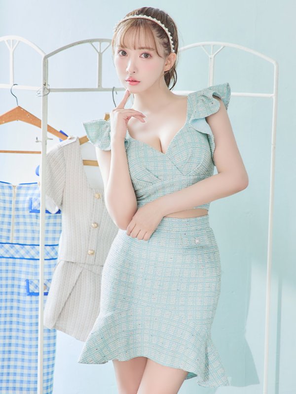 画像6: 【an /アン】ツイード/ フリルスリーブ/ 袖あり/ セットアップ/ マーメイド/ 裾フリル/ ミニドレス/ キャバドレス[OF05]