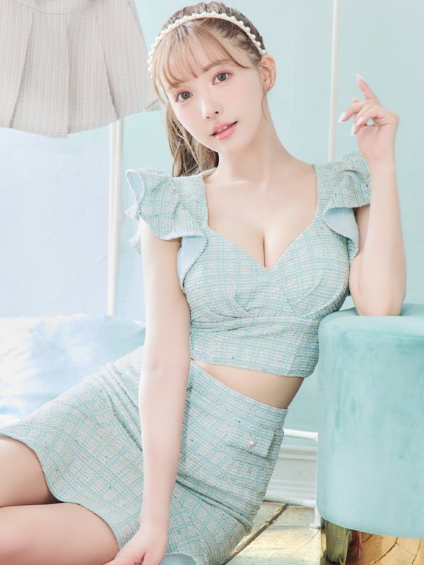 画像7: 【an /アン】ツイード/ フリルスリーブ/ 袖あり/ セットアップ/ マーメイド/ 裾フリル/ ミニドレス/ キャバドレス[OF05]