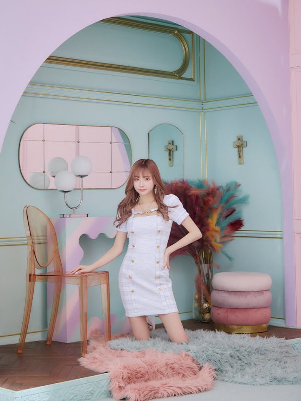 画像12: 【an/アン】ツイード/ チェック/ パフスリーブ/ 半袖/ 袖あり/ ゴールドバックル/ チェーンモチーフ/ ボタン/ タイト/ ミニドレス/ キャバドレス[OF05]