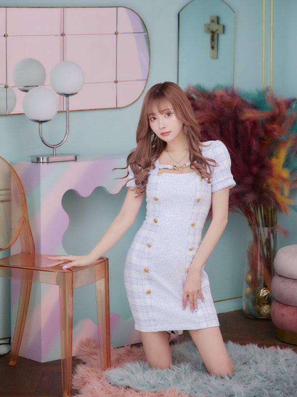 画像13: 【an/アン】ツイード/ チェック/ パフスリーブ/ 半袖/ 袖あり/ ゴールドバックル/ チェーンモチーフ/ ボタン/ タイト/ ミニドレス/ キャバドレス[OF05]