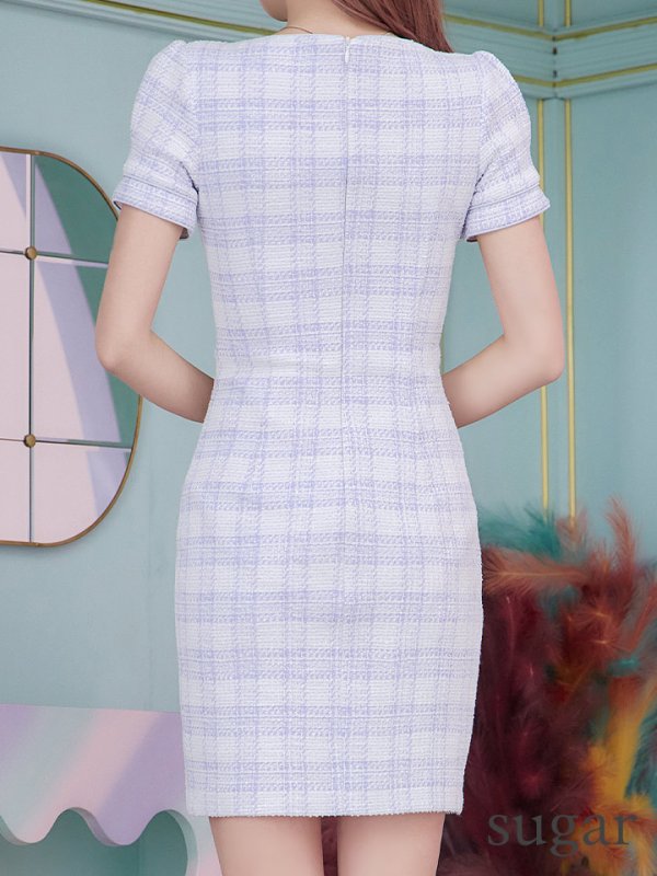 画像17: 【an/アン】ツイード/ チェック/ パフスリーブ/ 半袖/ 袖あり/ ゴールドバックル/ チェーンモチーフ/ ボタン/ タイト/ ミニドレス/ キャバドレス[OF05]