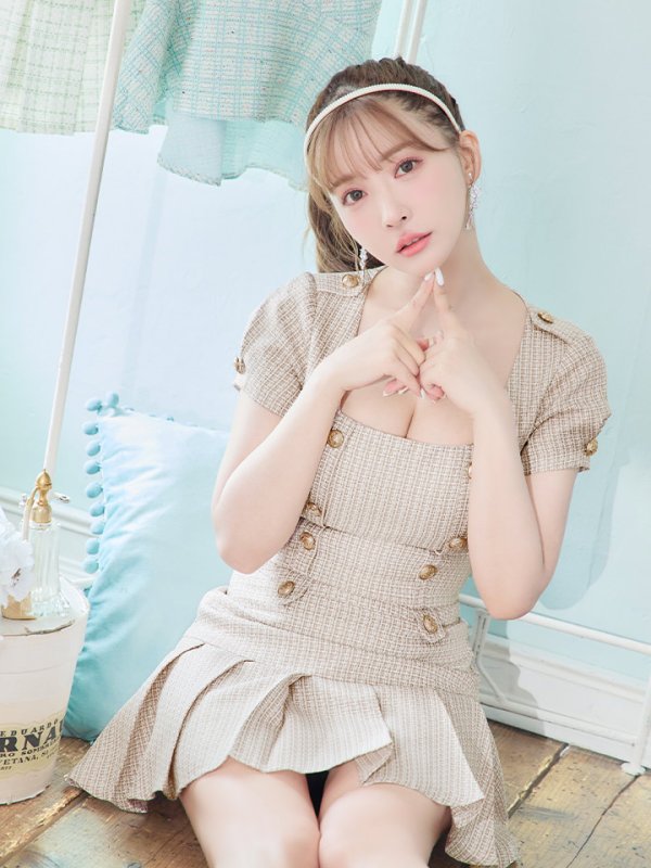 画像6: 【an /アン】ツイード/ ボタン/ ショートスリーブ/ 袖あり/ セットアップ/ Aライン/ 裾プリーツ/ ミニドレス/ キャバドレス[OF05]