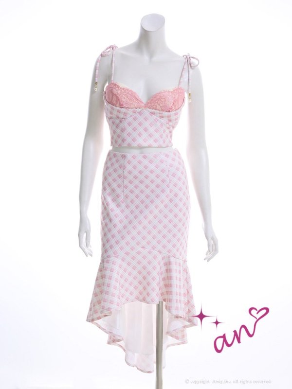 【an/アン】ショルダーリボン/ チェック柄/ キャミソール/ セットアップ/ マーメイド/ テールカット/ ミディアムドレス/ キャバドレス[OF05] ピンク