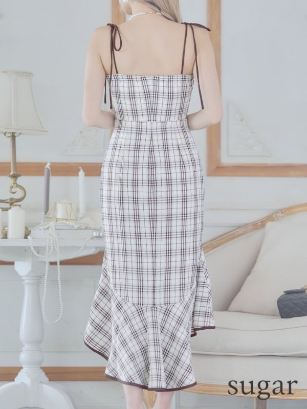 画像29: XSサイズあり【an /アン】チェック柄/ マーメイド/ フリル/ リボンショルダー/ テールカット/ ミディアム丈/ キャバドレス[OF05]