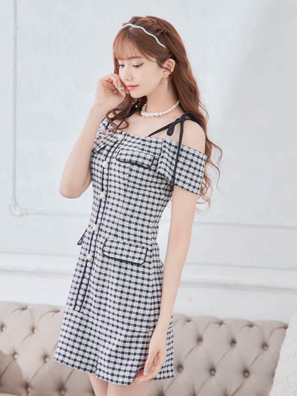 画像20: 【みゆう/関西コレクション着用】【an/アン】ギンガムチェック柄/ オフショルダー/ ショルダーリボン/ パールボタン/ プリーツ/ フレア/ ミニドレス/ キャバドレス[OF05]