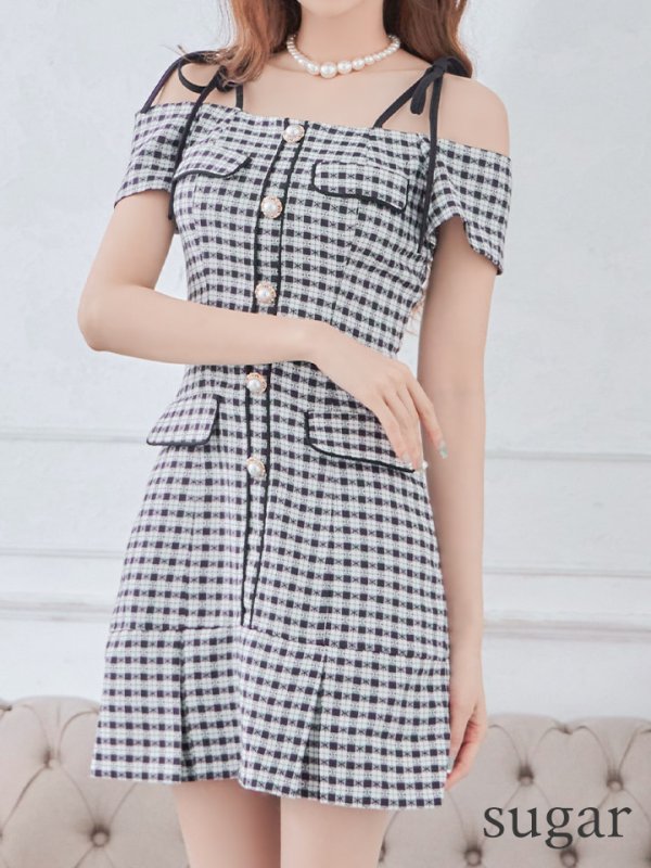 画像22: 【みゆう/関西コレクション着用】【an/アン】ギンガムチェック柄/ オフショルダー/ ショルダーリボン/ パールボタン/ プリーツ/ フレア/ ミニドレス/ キャバドレス[OF05]