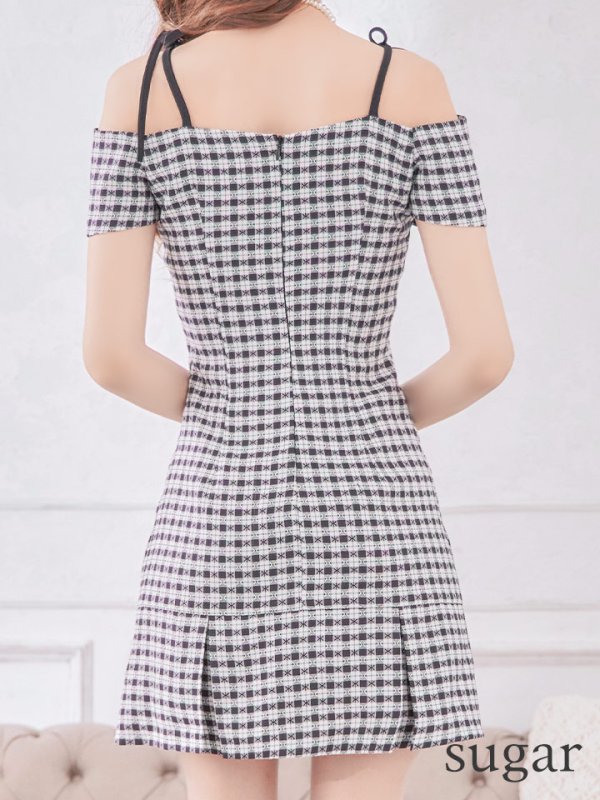 画像23: 【みゆう/関西コレクション着用】【an/アン】ギンガムチェック柄/ オフショルダー/ ショルダーリボン/ パールボタン/ プリーツ/ フレア/ ミニドレス/ キャバドレス[OF05]