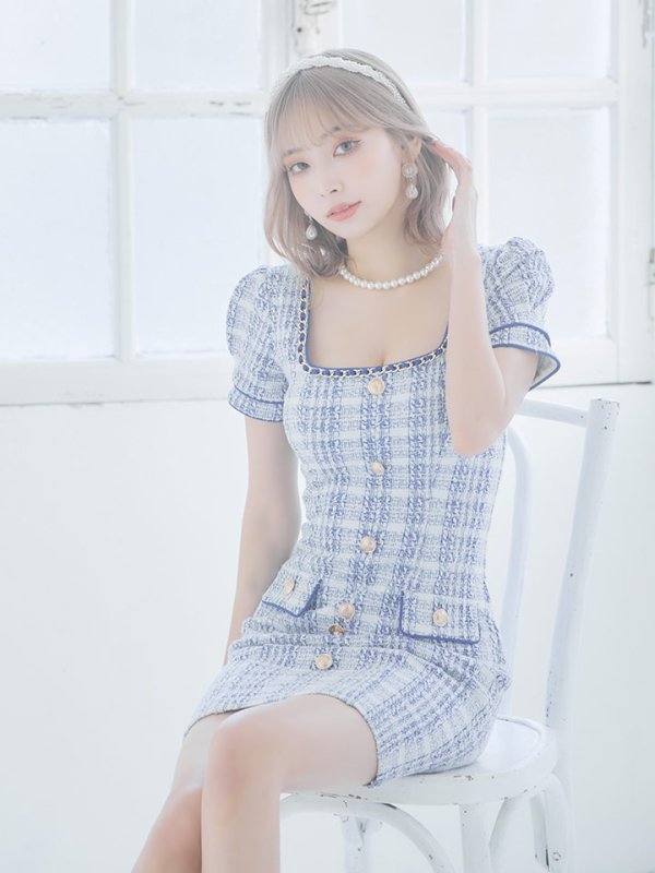 画像19: XSサイズあり【an/アン】ストレッチ/ チェック/ ツイード/ フロントボタン/ 半袖/ 袖あり/ タイト/ ミニドレス/ キャバドレス[OF05]