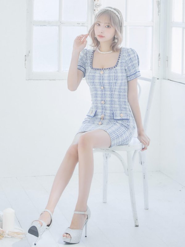 画像22: XSサイズあり【an/アン】ストレッチ/ チェック/ ツイード/ フロントボタン/ 半袖/ 袖あり/ タイト/ ミニドレス/ キャバドレス[OF05]