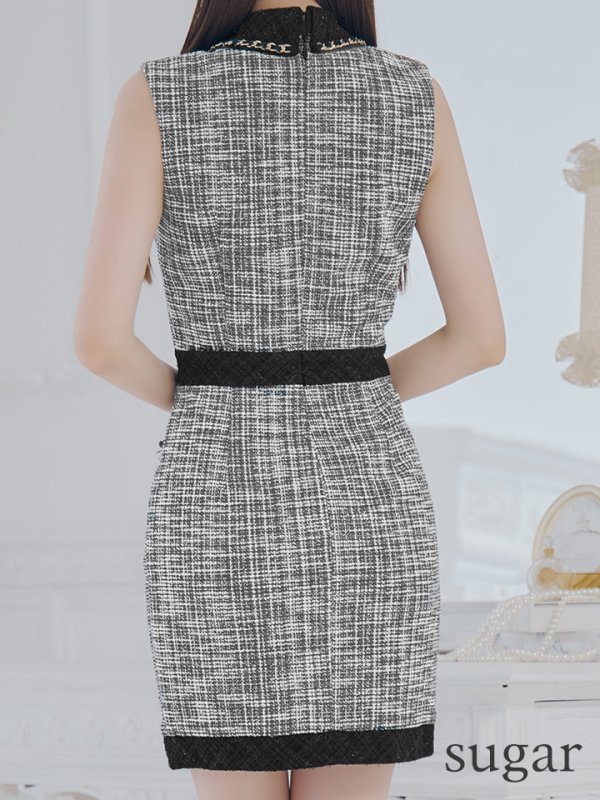 画像9: 【an/アン】 ツイード / ノースリーブ/ 襟付き/ フロントジップ/ ストレッチ/ ツイード/ タイト/ ミニドレス/ キャバドレス[OF05]