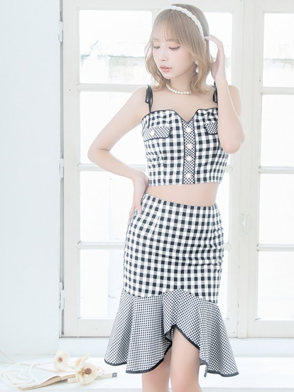 画像5: XSサイズあり【an/アン】ギンガムチェック/ マーメイド/ ショルダーリボン/ キャミソール/ セットアップ/ フィッシュテール/ フリル/ ミディアムドレス/ キャバドレス[OF05]