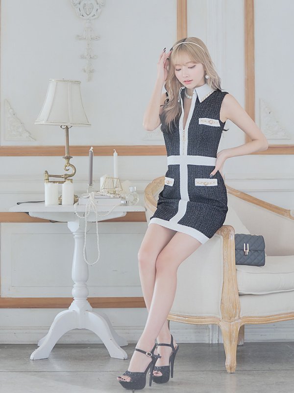 画像3: 【an/アン】ストレッチツイード/ フロントジップ/ 襟付き/ ノースリーブ/ チェーン/ バイカラー/ タイト/ ミニドレス/ キャバドレス[OF05]