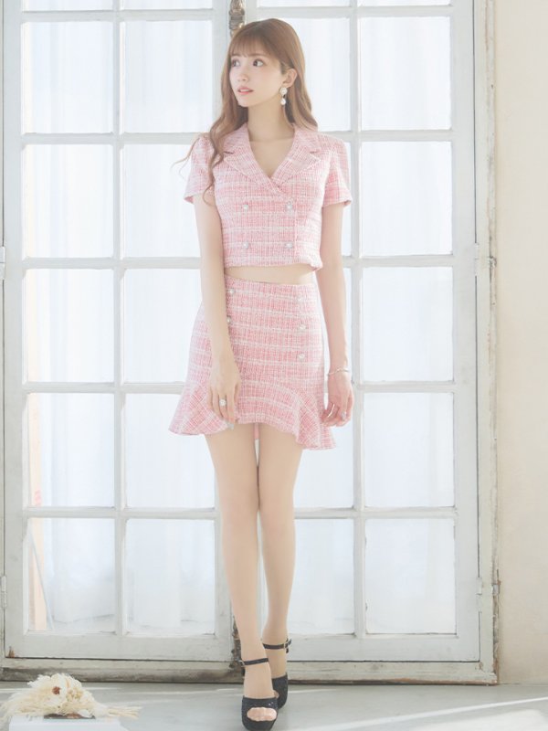 画像5: XSサイズあり【an/アン】セットアップ/ ツイード / ストレッチ/ 半袖/ 袖あり/ 裾フリル/ ミニドレス/ キャバドレス[OF05]