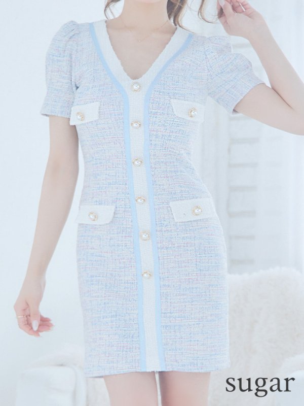 画像25: 【an/アン】ストレッチ/ ミックスツイード/ フロントボタン/ 半袖/ 袖あり/ タイト/ ミニドレス/ キャバドレス[OF05]