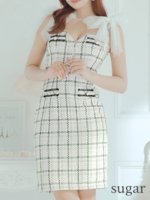 画像19: 【an /アン】チェック柄/ チュール/ ショルダーリボン/ フロントジップ/ ノースリーブ/ タイト/ ミニドレス/ キャバドレス[OF05]