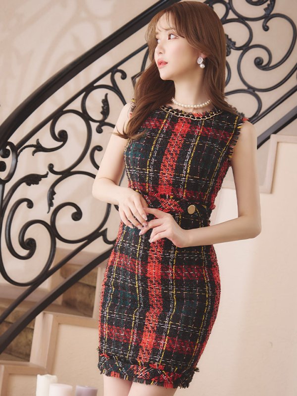 画像3: 【an/アン】ツイード/ ネックチェーン/ チェーン縁取り/ フリンジ/ ノースリーブ/ ワンピース/ キャバドレス[OF05]