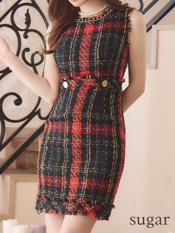 画像8: 【an/アン】ツイード/ ネックチェーン/ チェーン縁取り/ フリンジ/ ノースリーブ/ ワンピース/ キャバドレス[OF05]