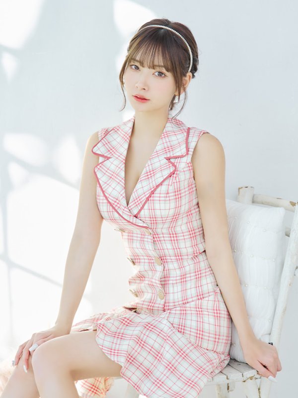 画像31: XSサイズあり【an/アン】マーメイド/ チェック/ 襟付き/ ジャケット風/ ノースリーブ/ ボタン/ アシンメトリーフリル/ ミニドレス/ キャバドレス[OF05]