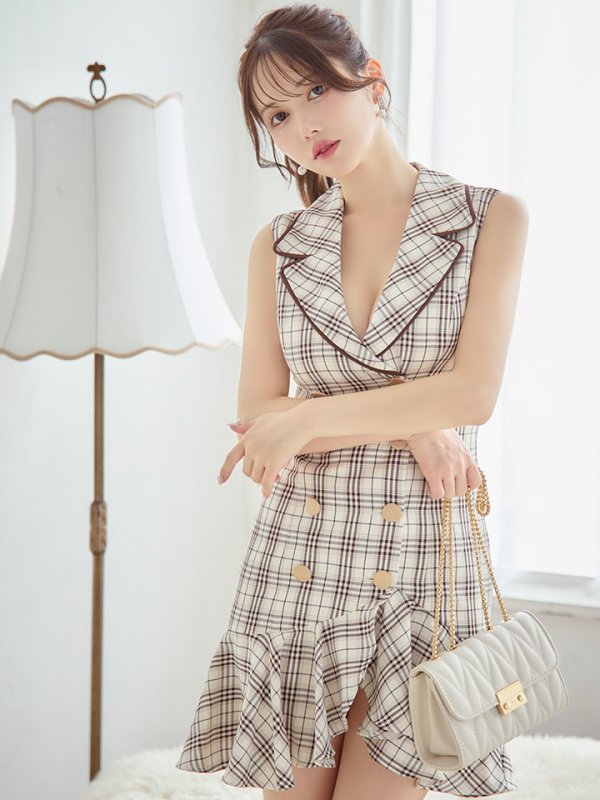 画像13: XSサイズあり【an/アン】マーメイド/ チェック/ 襟付き/ ジャケット風/ ノースリーブ/ ボタン/ アシンメトリーフリル/ ミニドレス/ キャバドレス[OF05]