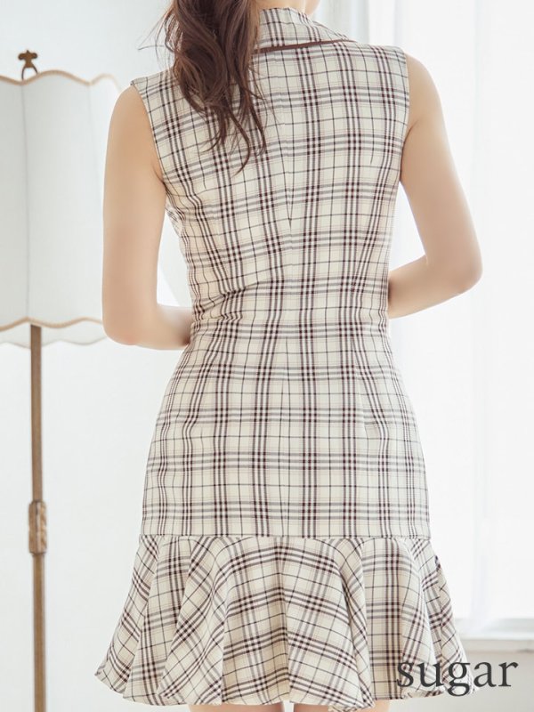 画像16: XSサイズあり【an/アン】マーメイド/ チェック/ 襟付き/ ジャケット風/ ノースリーブ/ ボタン/ アシンメトリーフリル/ ミニドレス/ キャバドレス[OF05]